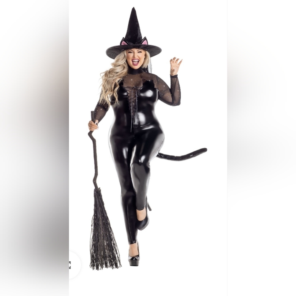 Halloween Plus Size Sexy Black Cat Witch Costume 1X Catwoman Bodysuit Cosplay